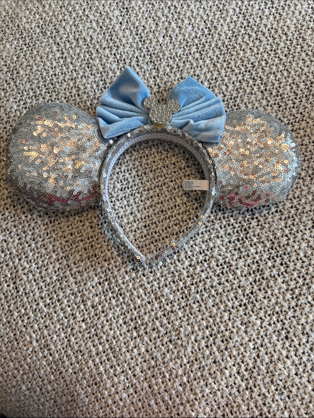 Disney Silver Sequin Minnie Ear Headband with Light Blue Bow kids size